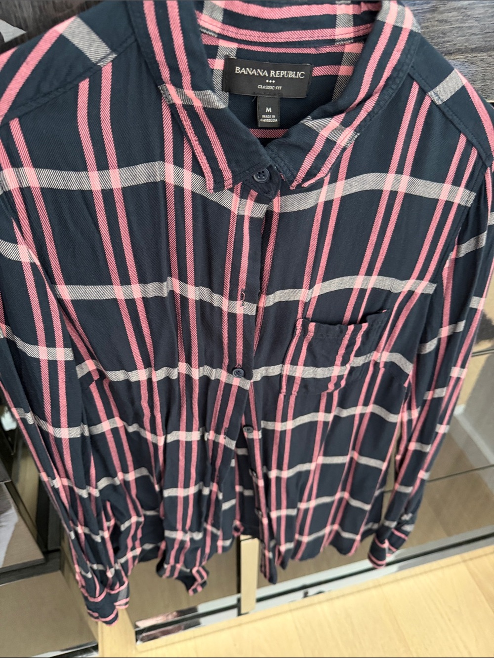 Banana Republic Navy, Pink & Gray Plaid Button-Down Shirt